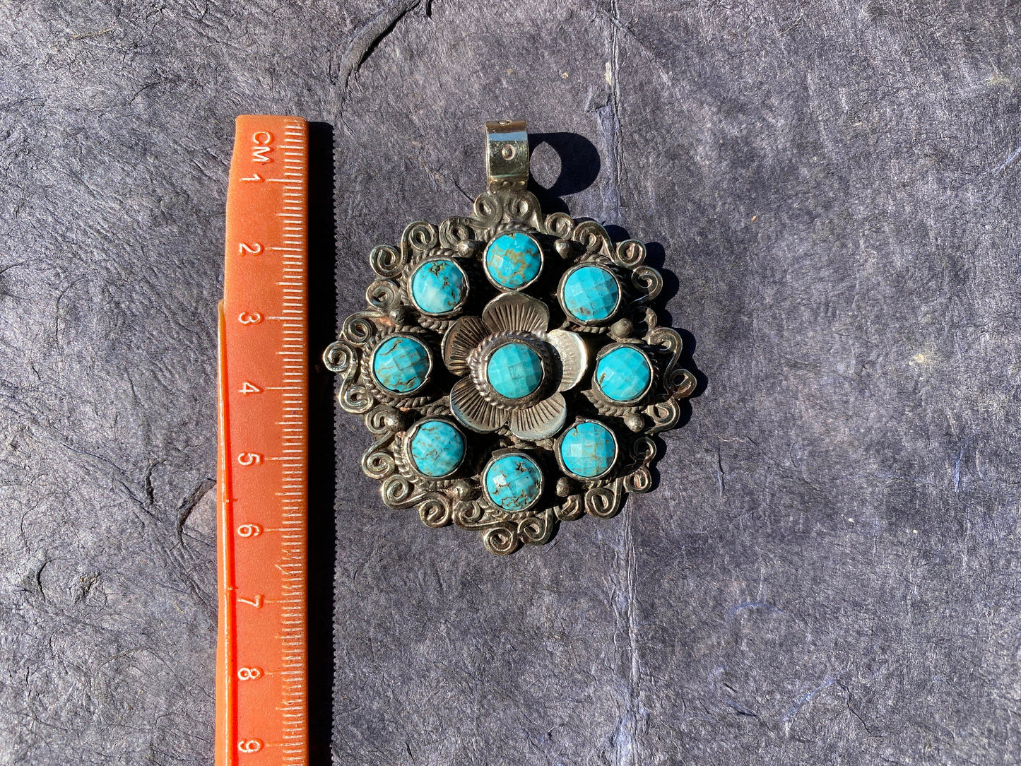 Turquoise Large Circle Tibetan Silver Pendant for Necklace Jewelry, Bohemian Jewelry, Blue Turquoise Pendant, Lotus Flower Designs