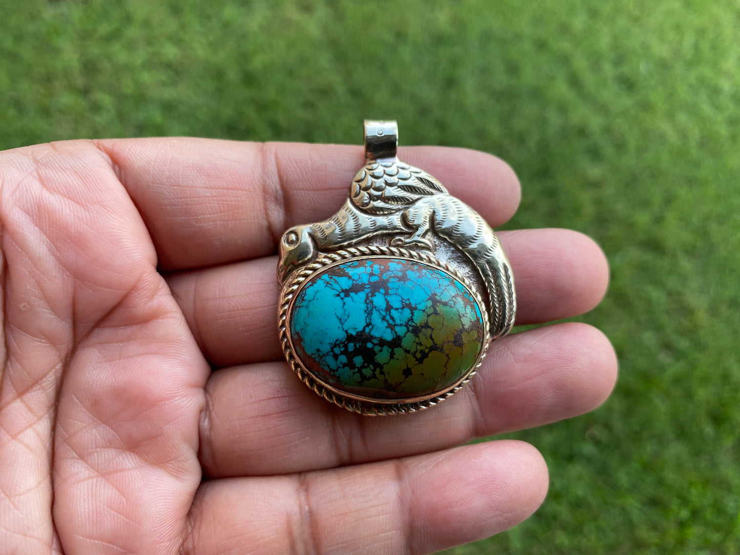 Turquoise Natural Stone Tibetan Silver Pendant, Native American Style, Ethnic Tibetan Jewelry, Energy Stone, Birthstone, For Men or Women