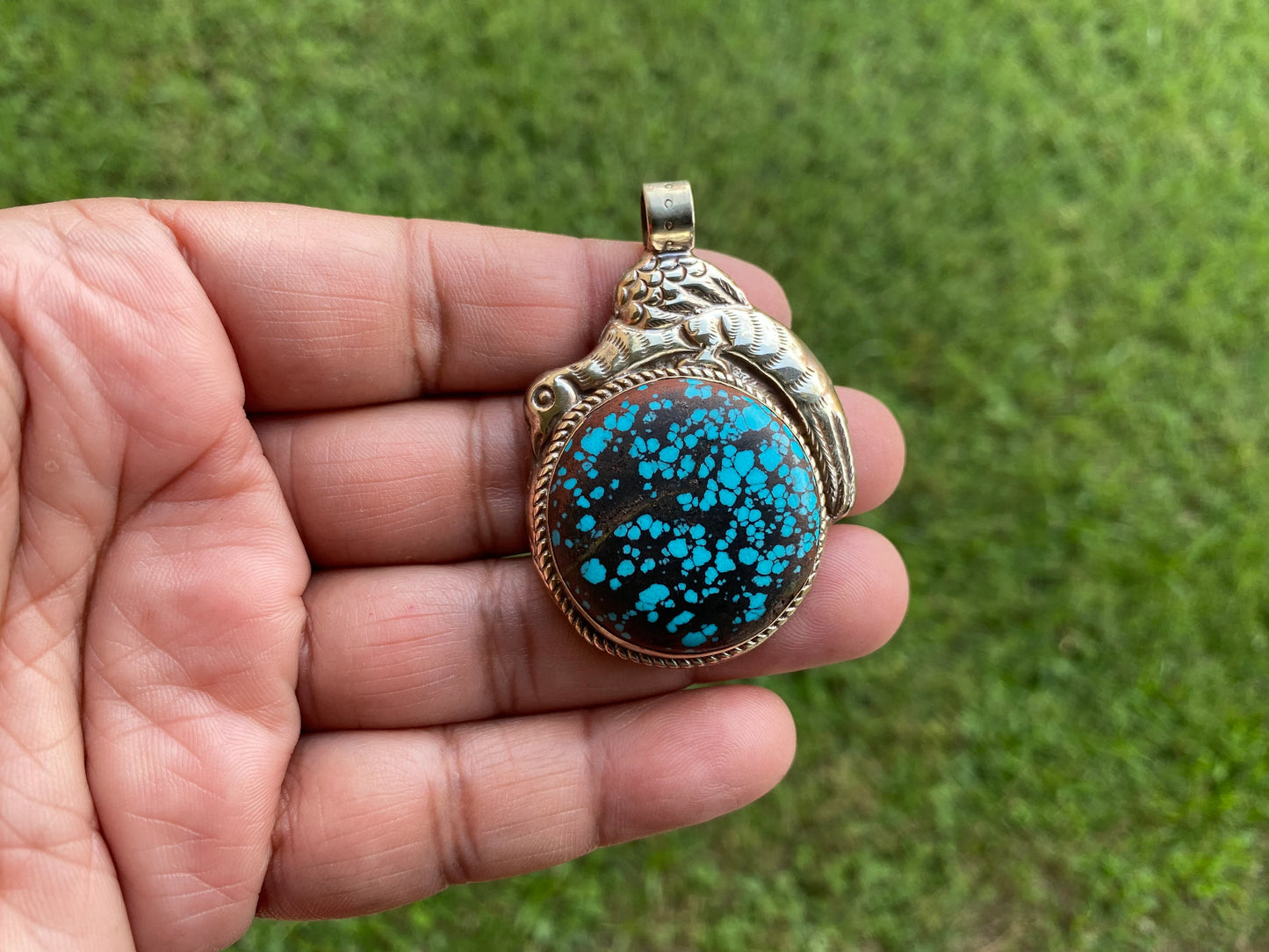 Turquoise Natural Stone Tibetan Silver Pendant, Native American Style, Ethnic Tibetan Jewelry, Energy Stone, Birthstone, For Men or Women