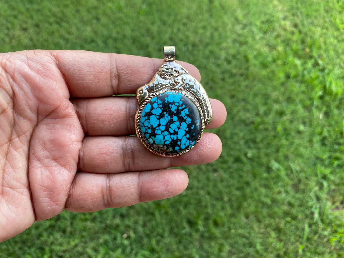 Turquoise Natural Stone Tibetan Silver Pendant, Native American Style, Ethnic Tibetan Jewelry, Energy Stone, Birthstone, For Men or Women