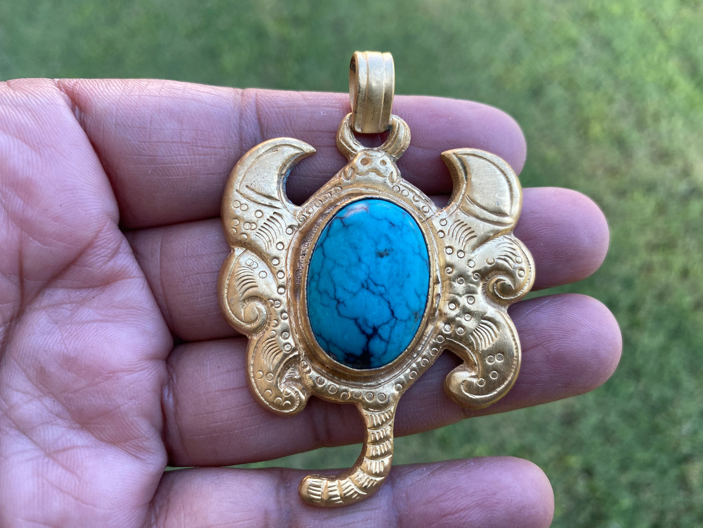 Turquoise Scorpion Pendant, 18K Brushed Gold Overlay with Anti Tarnish, Himalayan Handmade Jewelry From Nepal, Ethnic Pendant for Necklace
