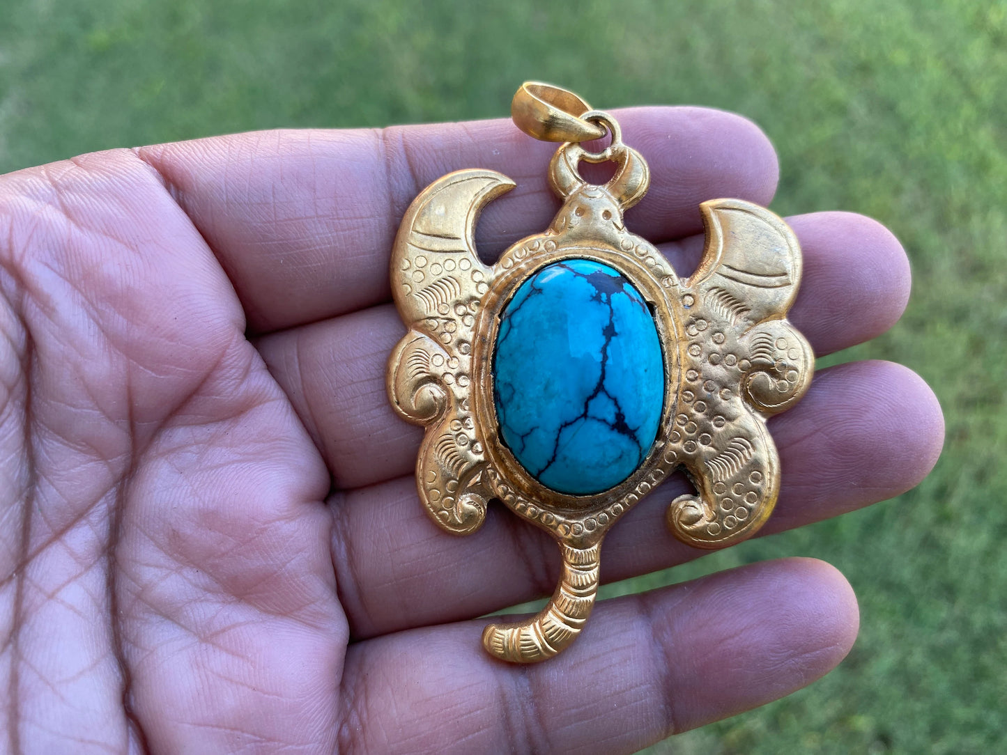 Turquoise Scorpion Pendant, 18K Brushed Gold Overlay with Anti Tarnish, Himalayan Handmade Jewelry From Nepal, Ethnic Pendant for Necklace