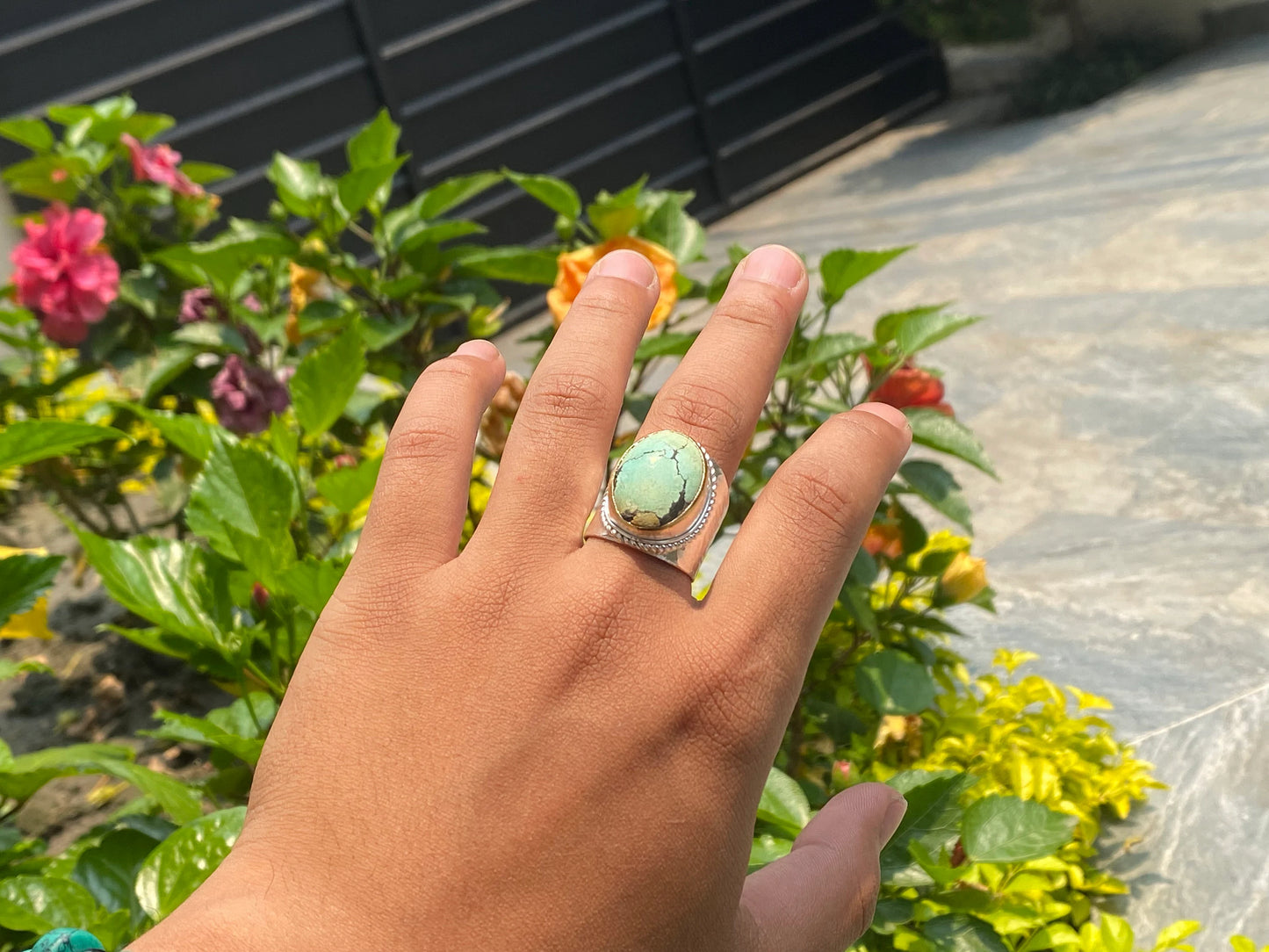 Turquoise Temptation: Silver & Gold Overlay Ring, Two Tone Ring, Hammered Ring, Unisex Aesthetic Ring.