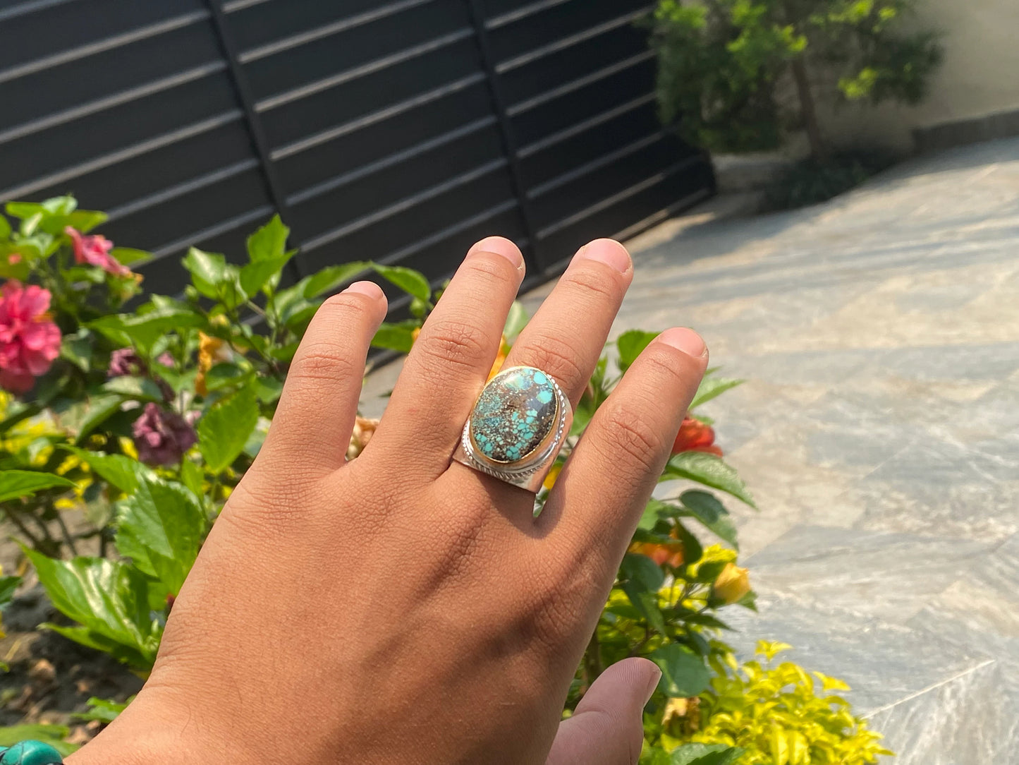 Turquoise Temptation: Silver & Gold Overlay Ring, Two Tone Ring, Hammered Ring, Unisex Aesthetic Ring.