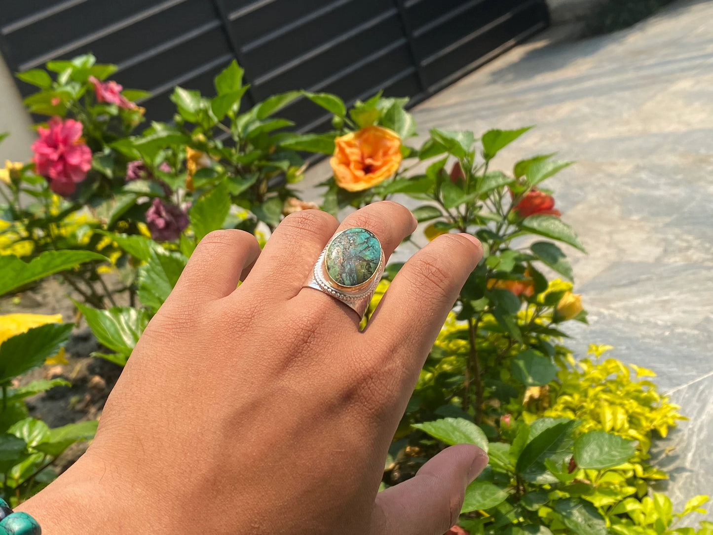 Turquoise Temptation: Silver & Gold Overlay Ring, Two Tone Ring, Hammered Ring, Unisex Aesthetic Ring.
