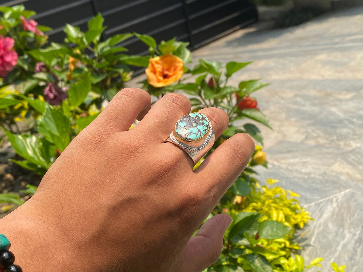 Turquoise Temptation: Silver & Gold Overlay Ring, Two Tone Ring, Hammered Ring, Unisex Aesthetic Ring.
