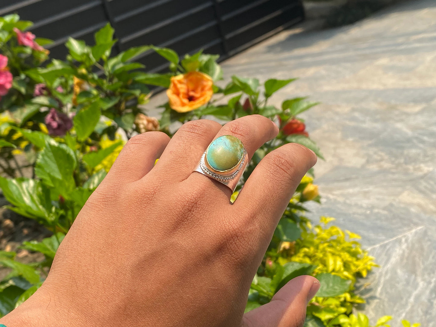 Turquoise Temptation: Silver & Gold Overlay Ring, Two Tone Ring, Hammered Ring, Unisex Aesthetic Ring.