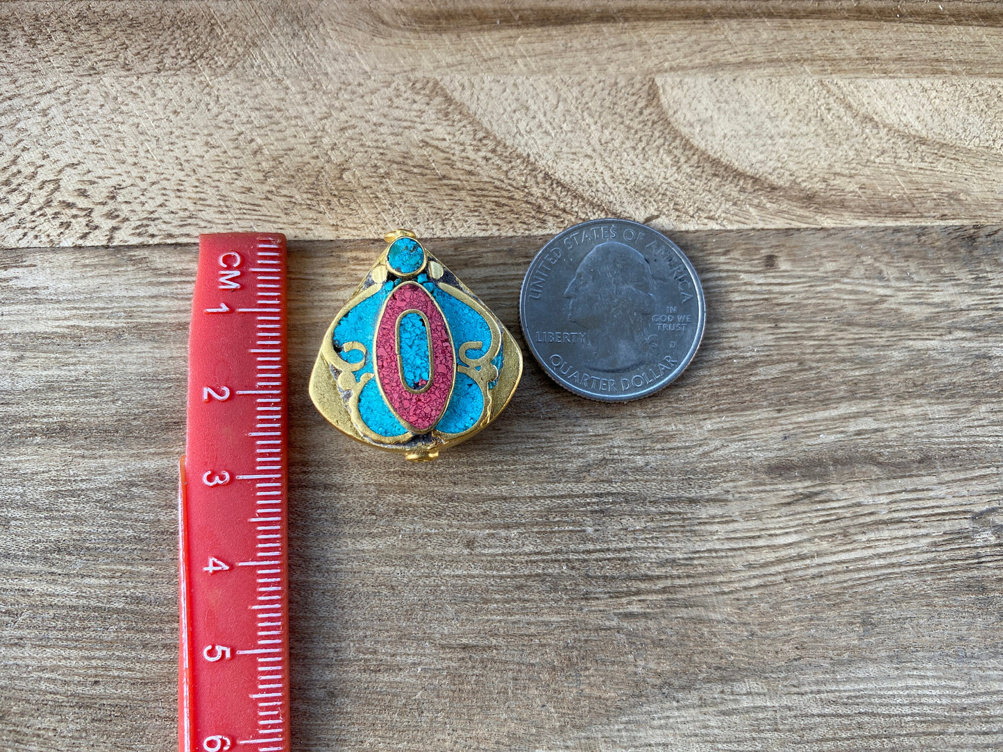 Turquoise with Coral Inlaid Nepal Bead, 18k Brushed Gold Overlay with Anti Tarnish, Handmade Beads From Nepal, Mala Bead for Necklace, Boho