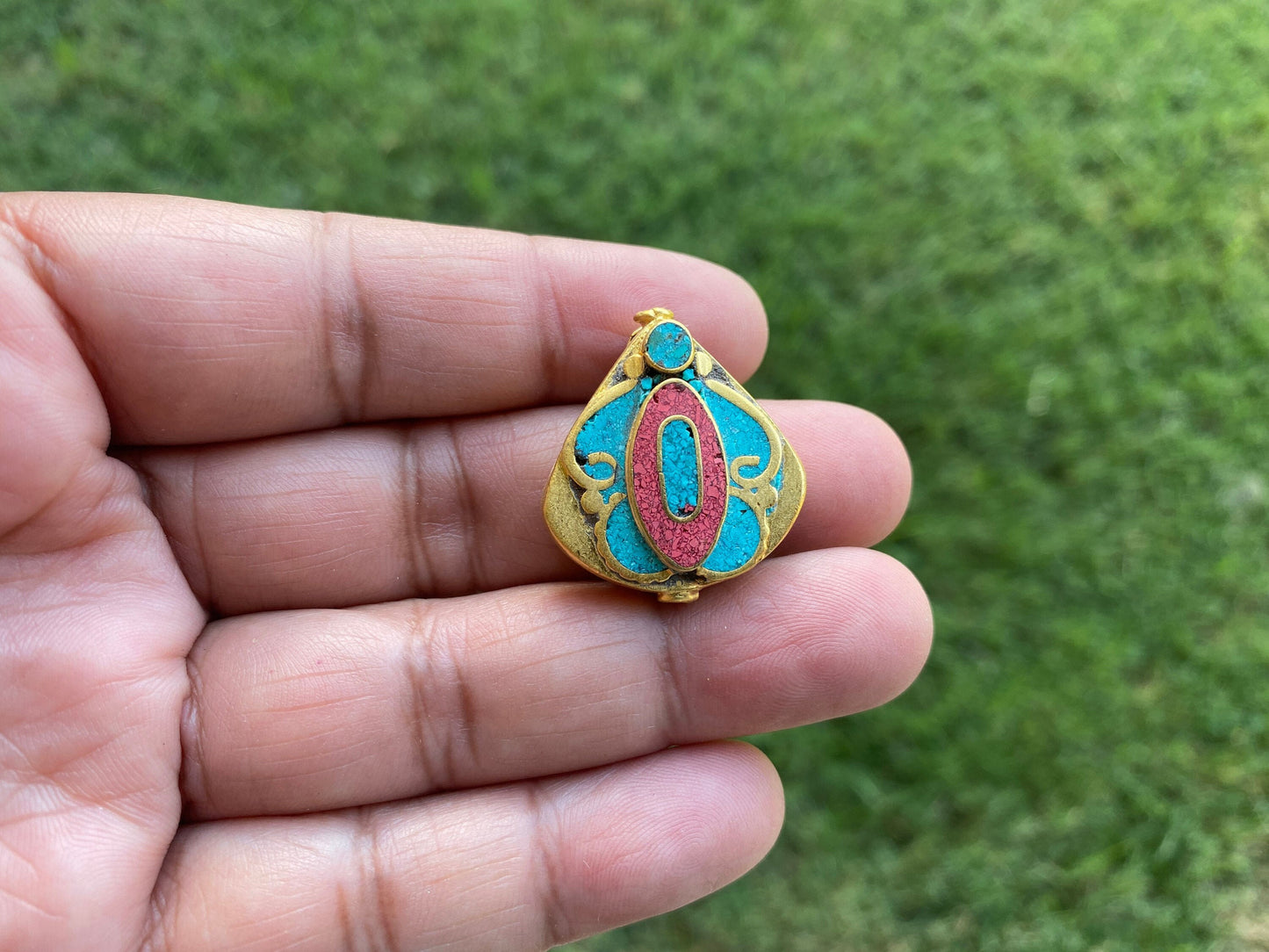 Turquoise with Coral Inlaid Nepal Bead, 18k Brushed Gold Overlay with Anti Tarnish, Handmade Beads From Nepal, Mala Bead for Necklace, Boho
