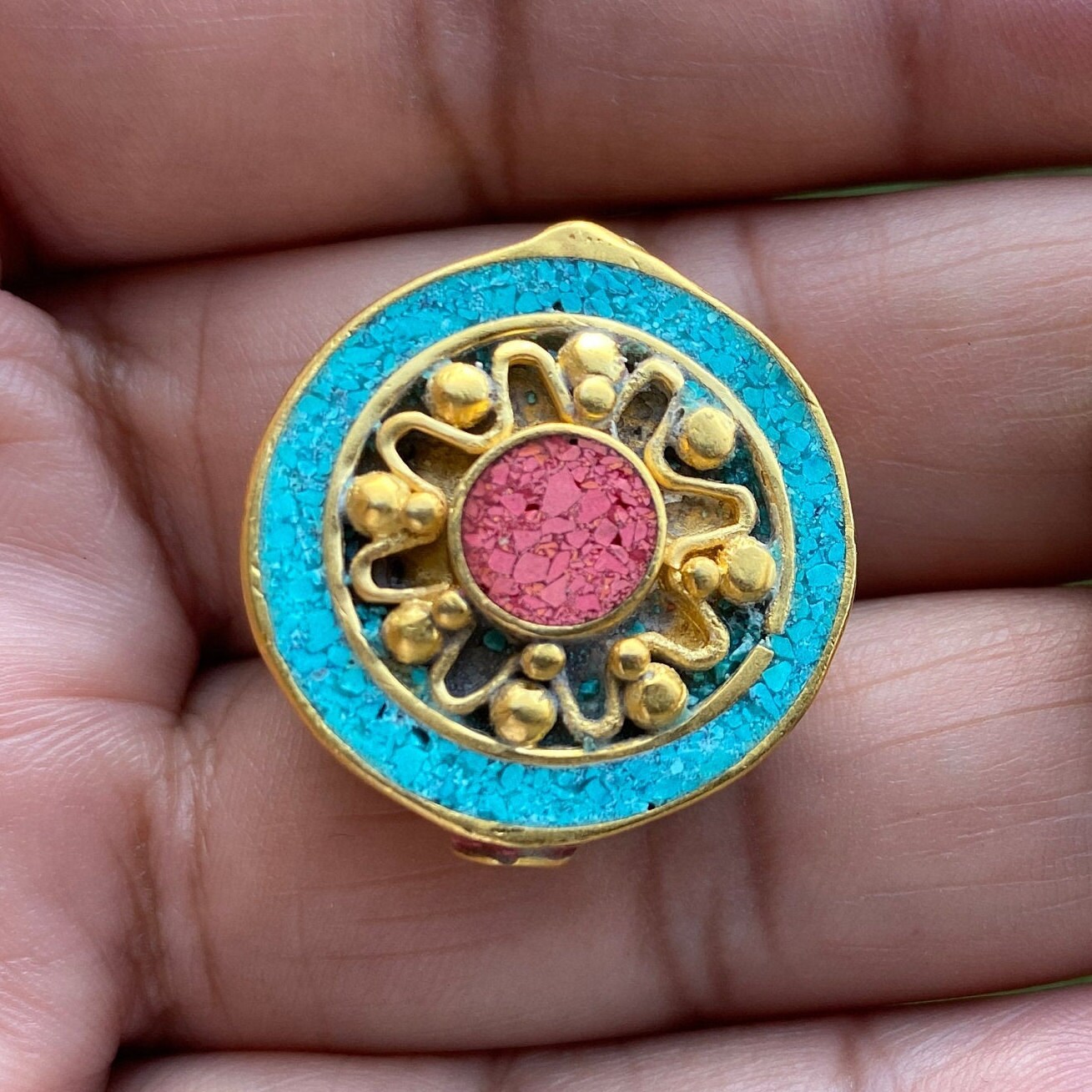 Nepal Beads, High Quality 18k Brushed Gold Overlay with Anti Tarnish,Turquoise with Coral Inlay Necklace Bead,Himalayan Handmade Ethnic Bead