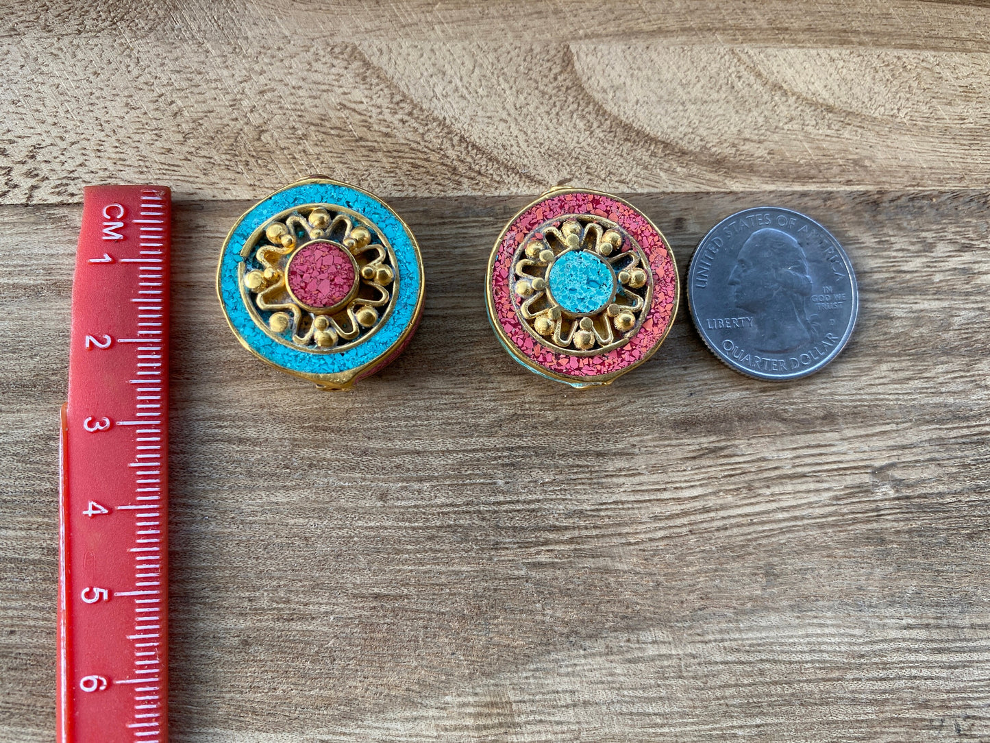 Nepal Beads, High Quality 18k Brushed Gold Overlay with Anti Tarnish,Turquoise with Coral Inlay Necklace Bead,Himalayan Handmade Ethnic Bead