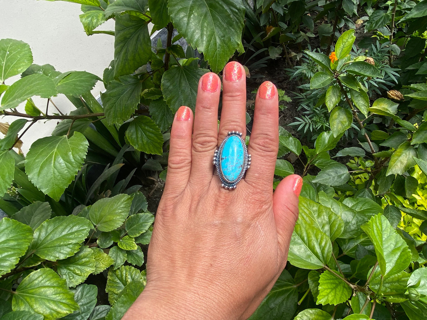 Two-Tone Big Adjustable Natural Turquoise Ring | Handmade Boho Hammered Silver Overlay Brass Ring, Energy Stone Ring, Bridesmaid Gift