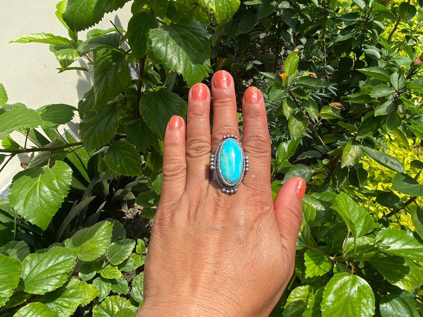Two-Tone Big Adjustable Natural Turquoise Ring | Handmade Boho Hammered Silver Overlay Brass Ring, Energy Stone Ring, Bridesmaid Gift