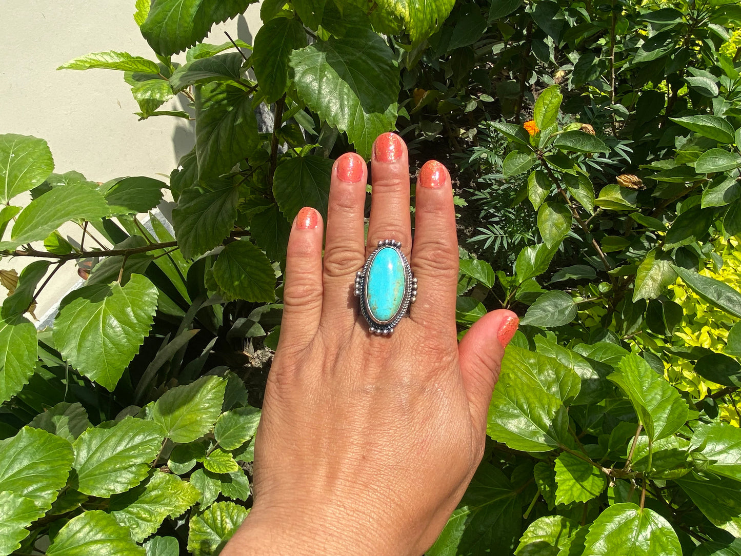 Two-Tone Big Adjustable Natural Turquoise Ring | Handmade Boho Hammered Silver Overlay Brass Ring, Energy Stone Ring, Bridesmaid Gift
