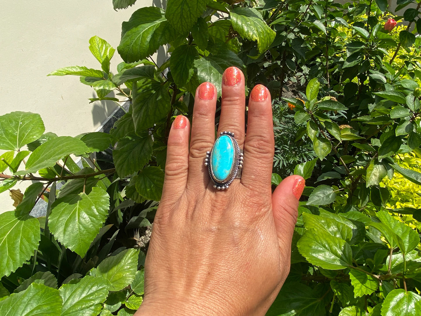 Two-Tone Big Adjustable Natural Turquoise Ring | Handmade Boho Hammered Silver Overlay Brass Ring, Energy Stone Ring, Bridesmaid Gift