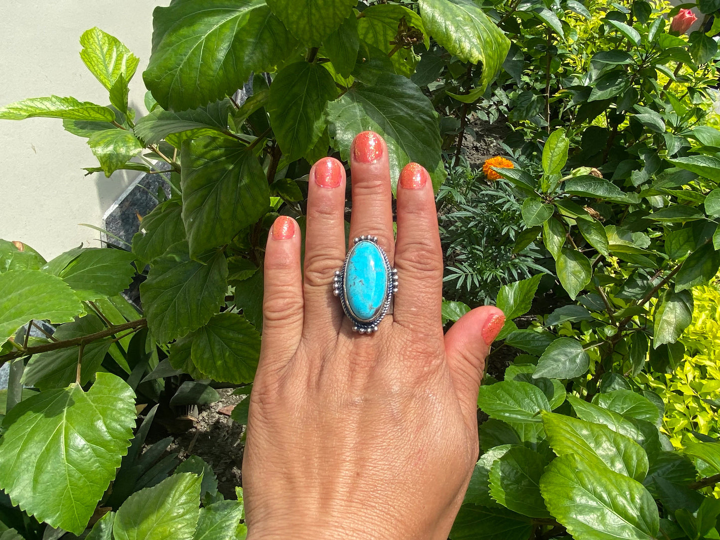 Two-Tone Big Adjustable Natural Turquoise Ring | Handmade Boho Hammered Silver Overlay Brass Ring, Energy Stone Ring, Bridesmaid Gift