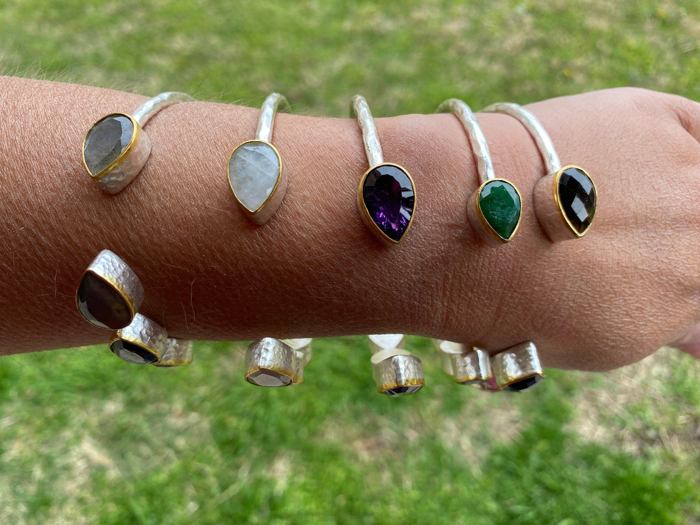 Two Tone Adjustable Gemstone Bracelet, Brushed Silver with Gold Overlay, Moonstone, Amethyst, Labradorite, Emarald or Smoky Quartz Bracelet