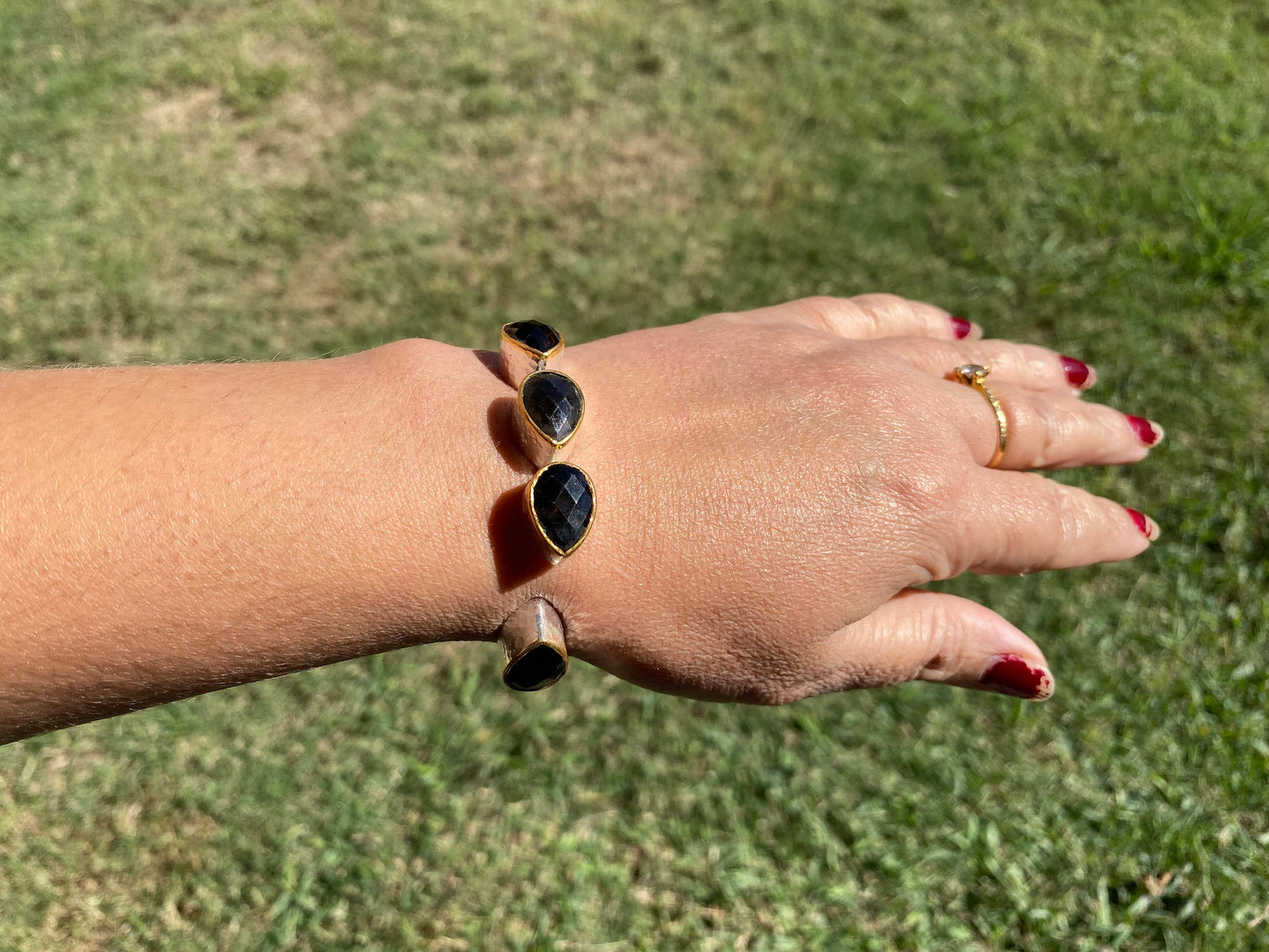 Two Tone Adjustable Gemstone Bracelet, Brushed Silver with Gold Overlay, , Custom Fit Bracelet, Two Tone Jewelry, Statement Jewelry