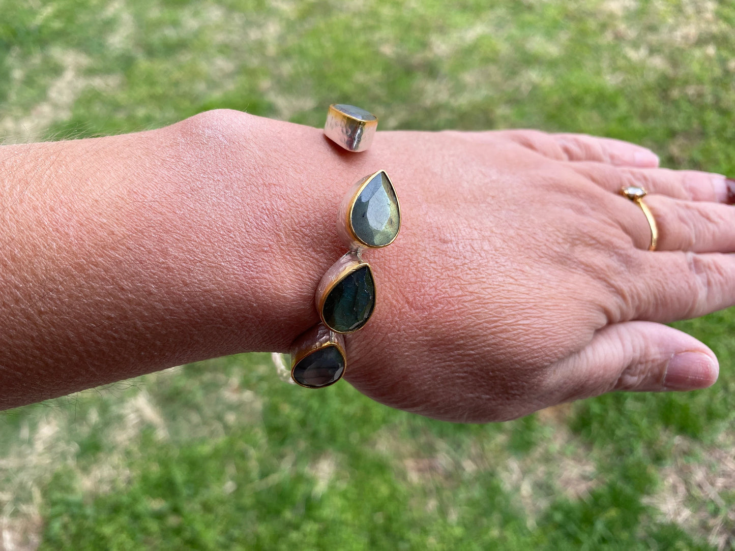 Two Tone Adjustable Gemstone Bracelet, Brushed Silver with Gold Overlay, Moonstone, Amethyst, Labradorite, Emarald or Smoky Quartz Bracelet