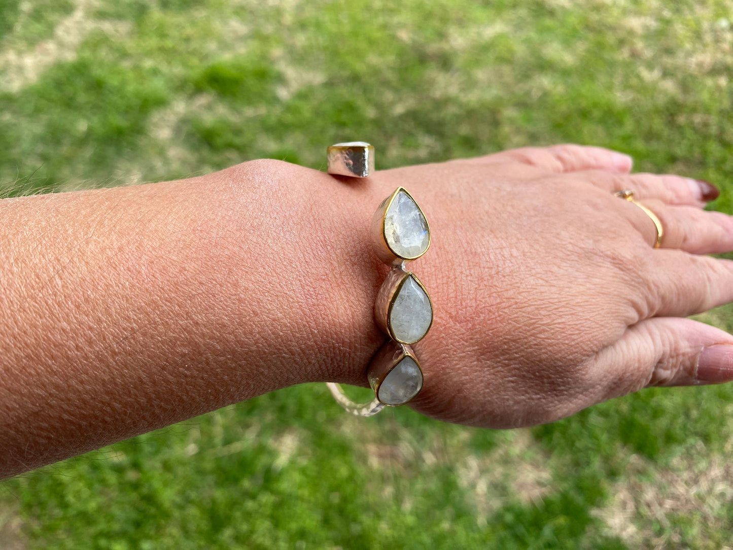 Two Tone Adjustable Gemstone Bracelet, Brushed Silver with Gold Overlay, Moonstone, Amethyst, Labradorite, Emarald or Smoky Quartz Bracelet