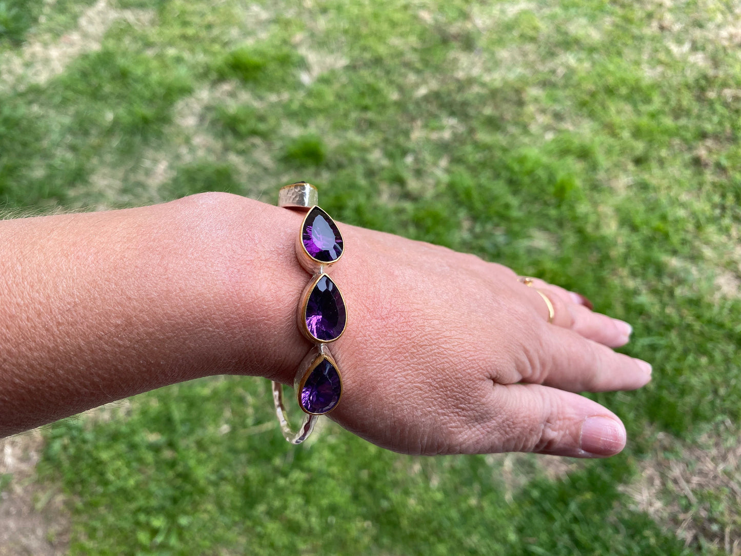 Two Tone Adjustable Gemstone Bracelet, Brushed Silver with Gold Overlay, Moonstone, Amethyst, Labradorite, Emarald or Smoky Quartz Bracelet