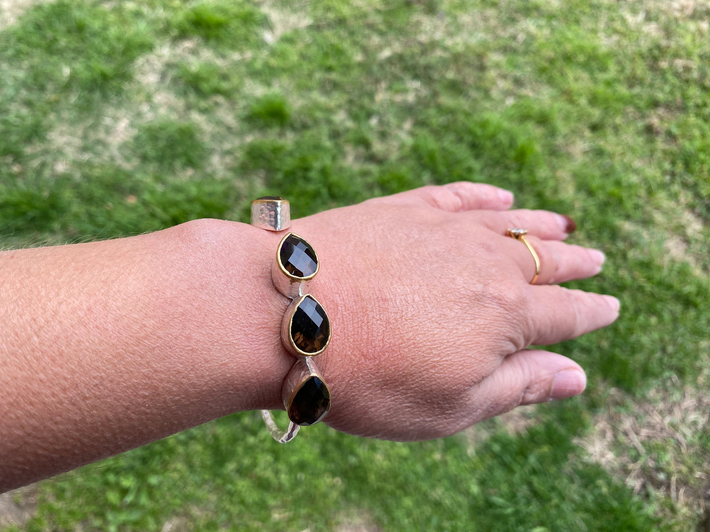 Two Tone Adjustable Gemstone Bracelet, Brushed Silver with Gold Overlay, Moonstone, Amethyst, Labradorite, Emarald or Smoky Quartz Bracelet