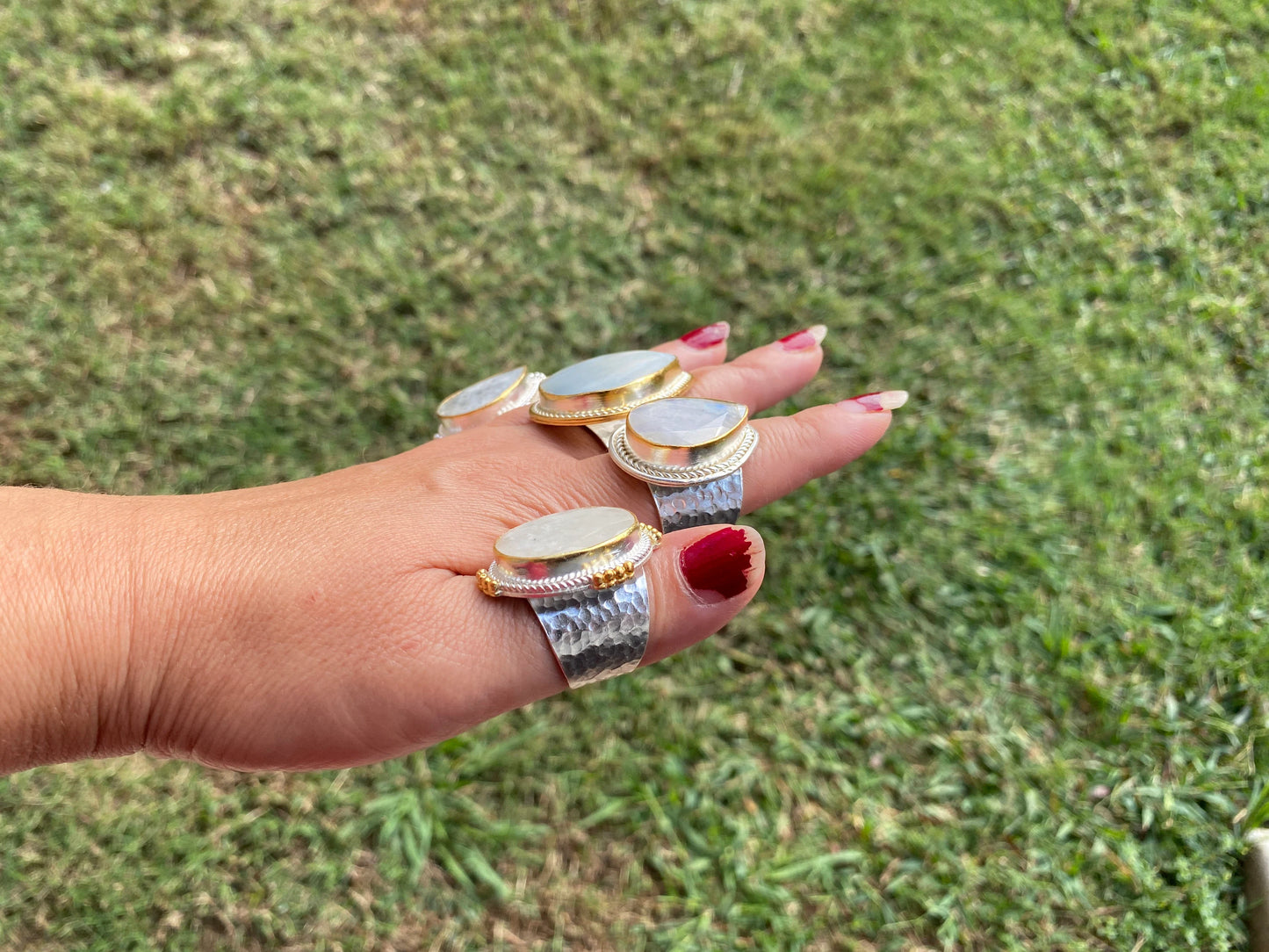 Two Tone Adjustable Moonstone or Shell Ring, Gold with Silver Overlay, Luxury Jewelry, Modern Design, Fashion Ring, Contemporary Jewelry