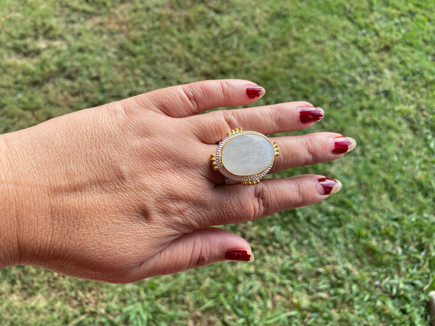 Two Tone Adjustable Moonstone or Shell Ring, Gold with Silver Overlay, Luxury Jewelry, Modern Design, Fashion Ring, Contemporary Jewelry