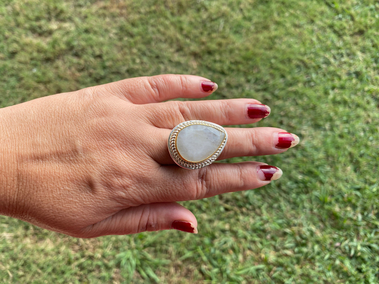 Two Tone Adjustable Moonstone or Shell Ring, Gold with Silver Overlay, Luxury Jewelry, Modern Design, Fashion Ring, Contemporary Jewelry