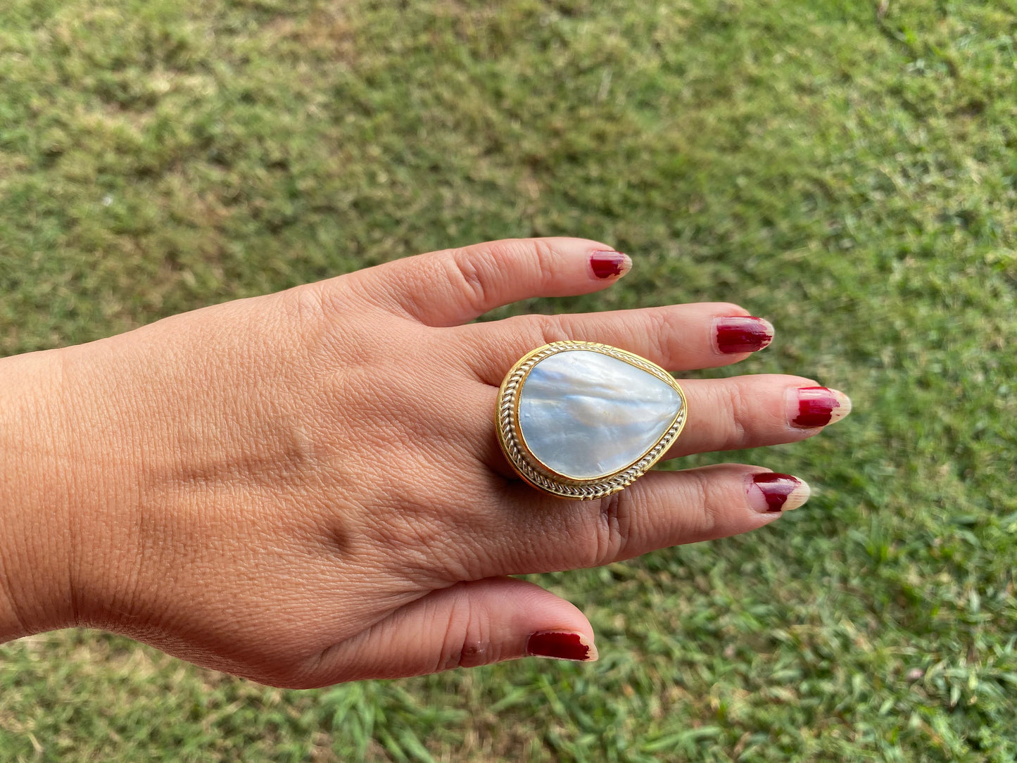 Two Tone Adjustable Moonstone or Shell Ring, Gold with Silver Overlay, Luxury Jewelry, Modern Design, Fashion Ring, Contemporary Jewelry