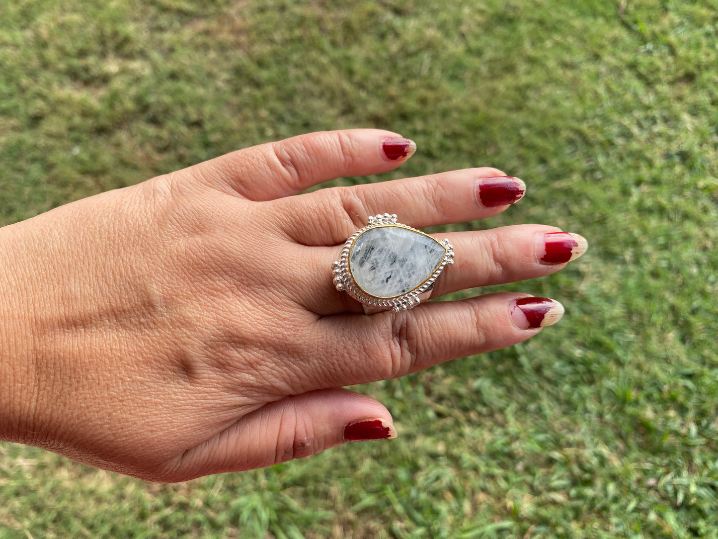 Two Tone Adjustable Moonstone or Shell Ring, Gold with Silver Overlay, Luxury Jewelry, Modern Design, Fashion Ring, Contemporary Jewelry