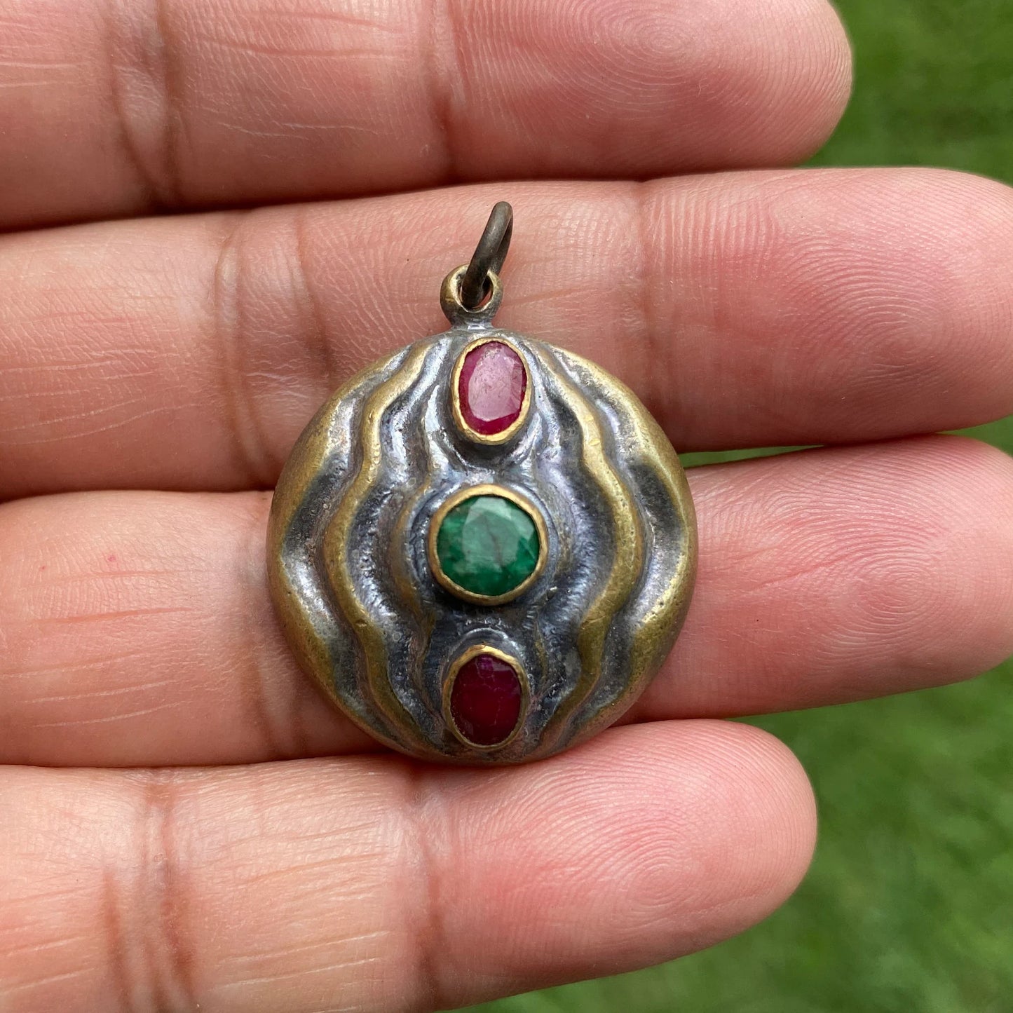 Two Tone Antique Brass Pendant, Ruby & Emerald Gemstone Pendant, Charm for Bracelet/Earring, Pendant for Necklace, Unique Designs, Handmade
