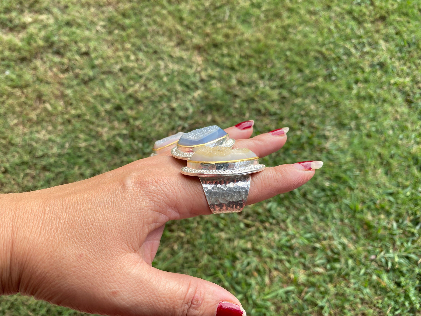 Two Tone Big Adjustable Druzy Ring, Brushed Gold with Silver Overlay Ring, Wide Band Ring, Statement Ring, Elegant Jewelry, Hammered Ring