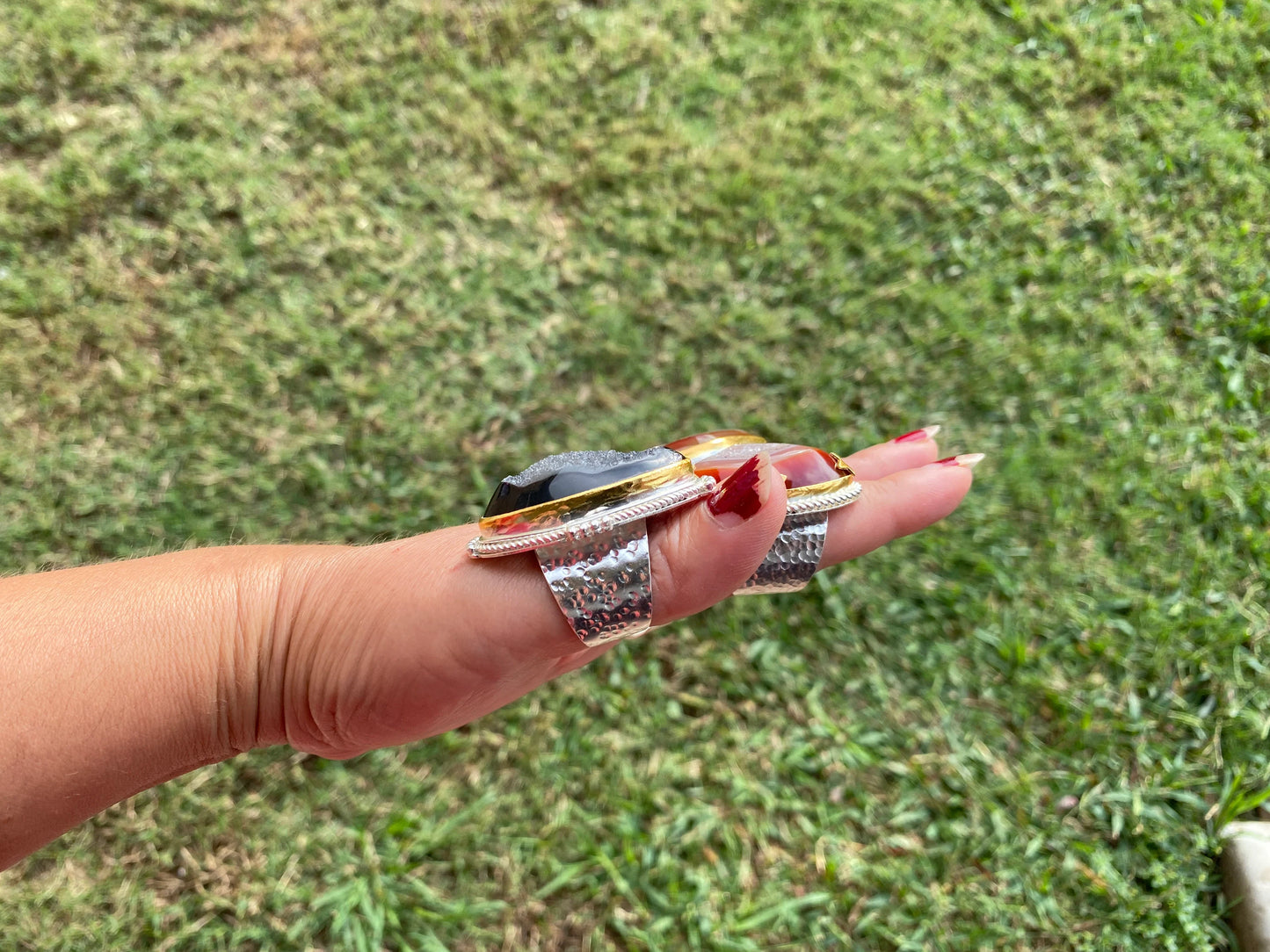 Two Tone Big Adjustable Druzy Ring, Brushed Gold with Silver Overlay Ring, Wide Band Ring, Statement Ring, Bridesmaid Gift, Hammered Ring