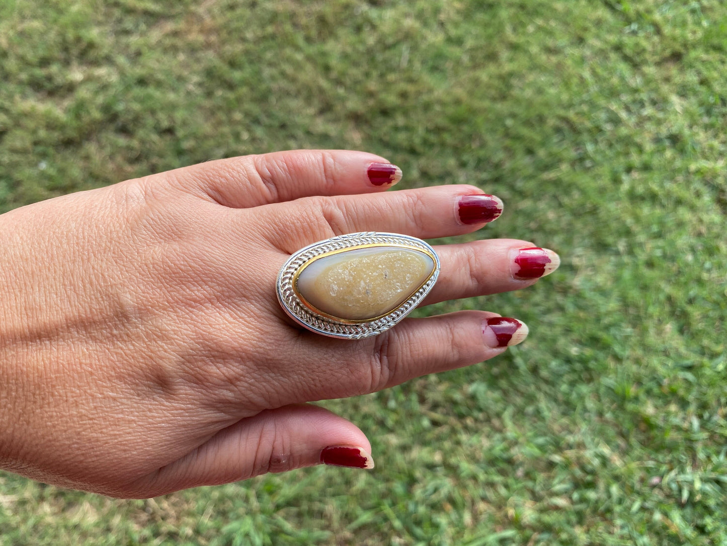 Two Tone Big Adjustable Druzy Ring, Brushed Gold with Silver Overlay Ring, Wide Band Ring, Statement Ring, Elegant Jewelry, Hammered Ring