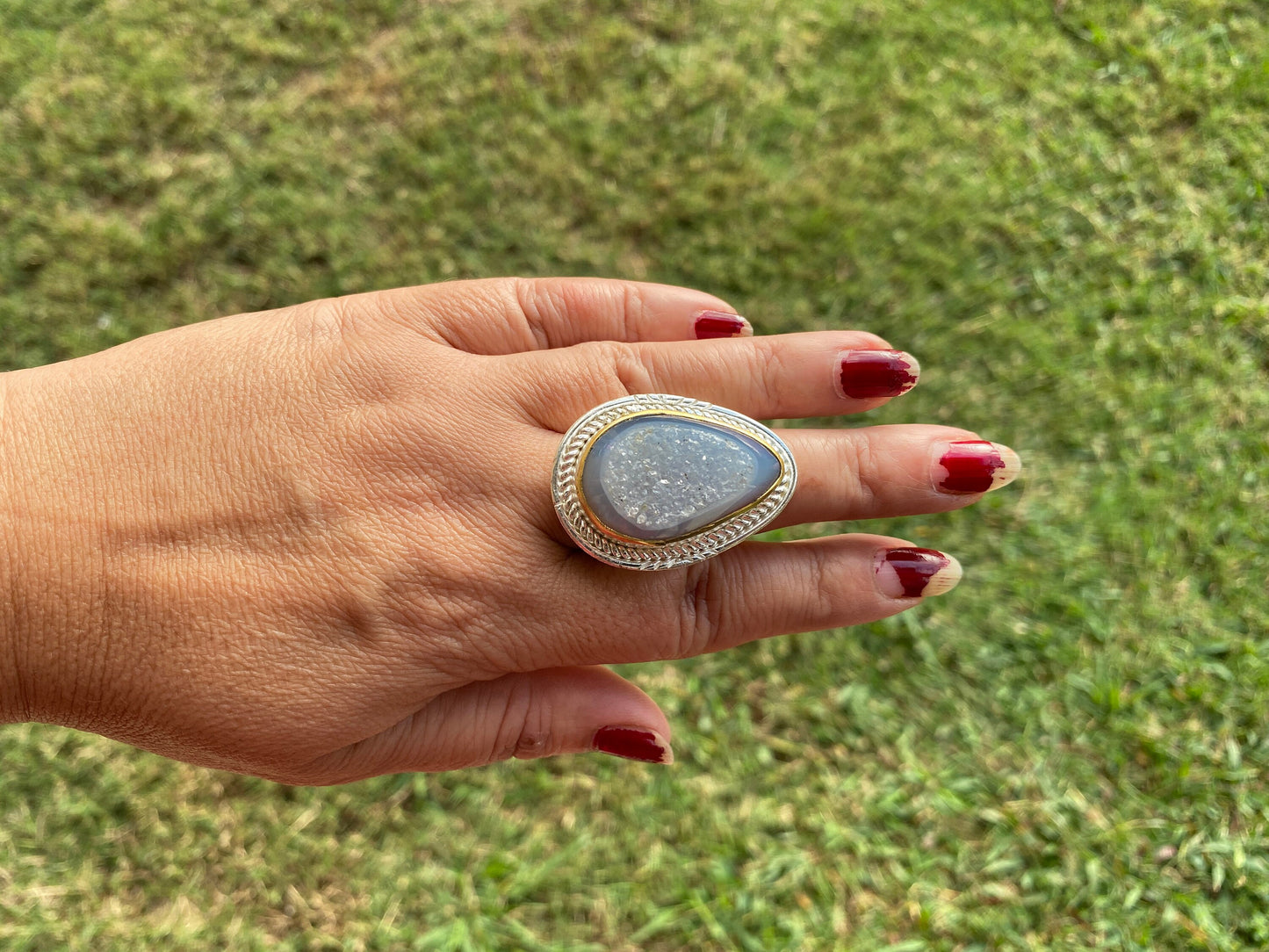 Two Tone Big Adjustable Druzy Ring, Brushed Gold with Silver Overlay Ring, Wide Band Ring, Statement Ring, Elegant Jewelry, Hammered Ring