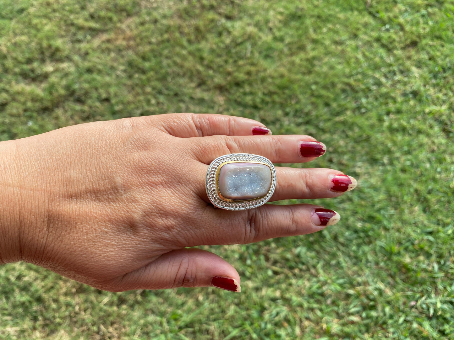 Two Tone Big Adjustable Druzy Ring, Brushed Gold with Silver Overlay Ring, Wide Band Ring, Statement Ring, Elegant Jewelry, Hammered Ring
