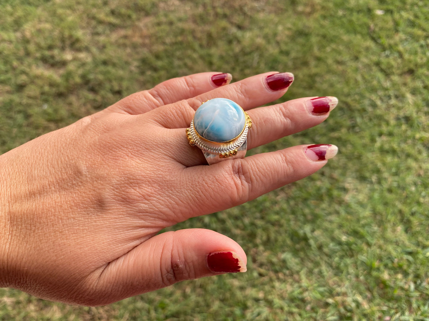 Two Tone Big Adjustable Larimar Ring, Brushed Gold & Silver Overlay, Natural Gemstone Ring, Statement Ring, Bridesmaid Gift, Hammered Ring