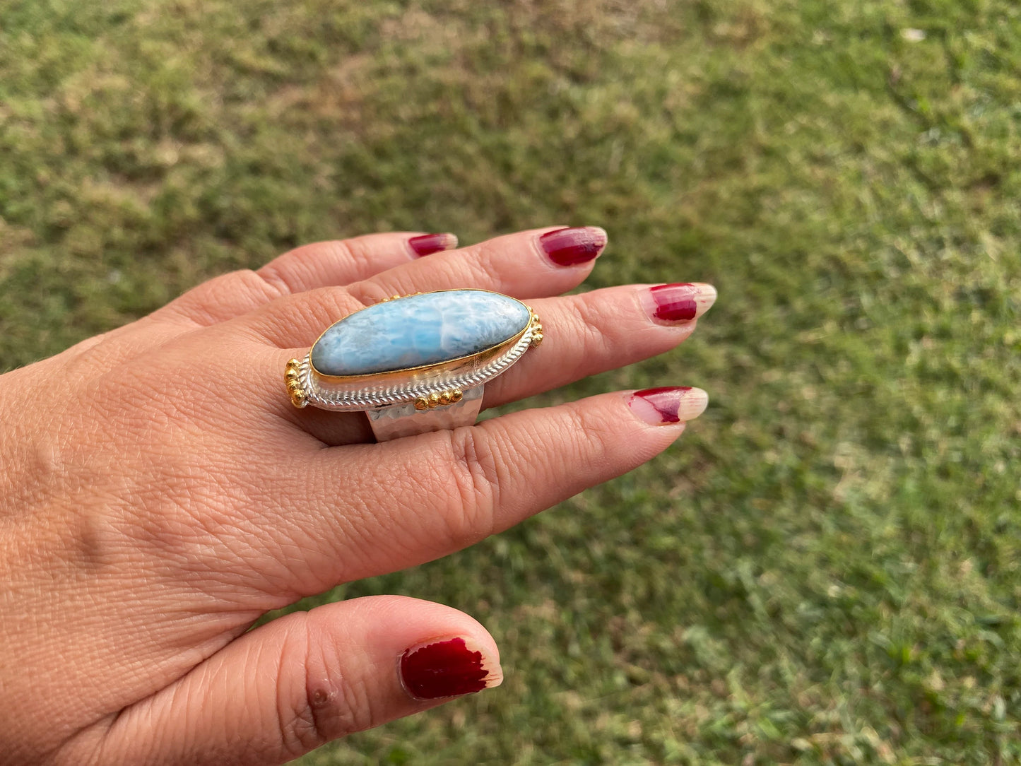 Two Tone Big Adjustable Larimar Ring, Brushed Gold & Silver Overlay, Natural Gemstone Ring, Statement Ring, Bridesmaid Gift, Hammered Ring