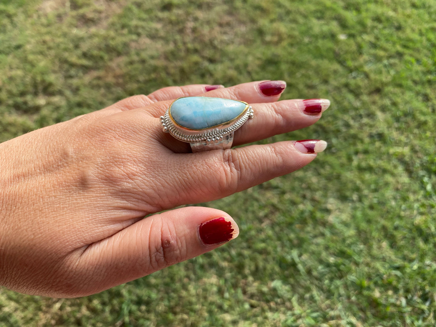 Two Tone Big Adjustable Larimar Ring, Brushed Gold & Silver Overlay, Natural Gemstone Ring, Statement Ring, Bridesmaid Gift, Hammered Ring