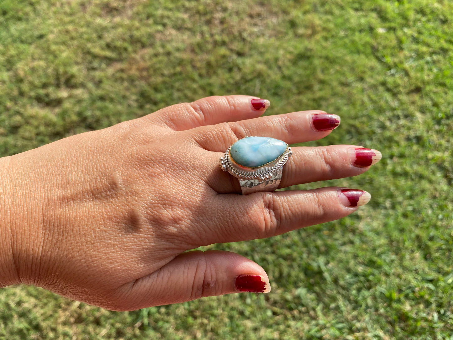 Two Tone Big Adjustable Larimar Ring, Brushed Gold & Silver Overlay, Natural Gemstone Ring, Statement Ring, Bridesmaid Gift, Hammered Ring