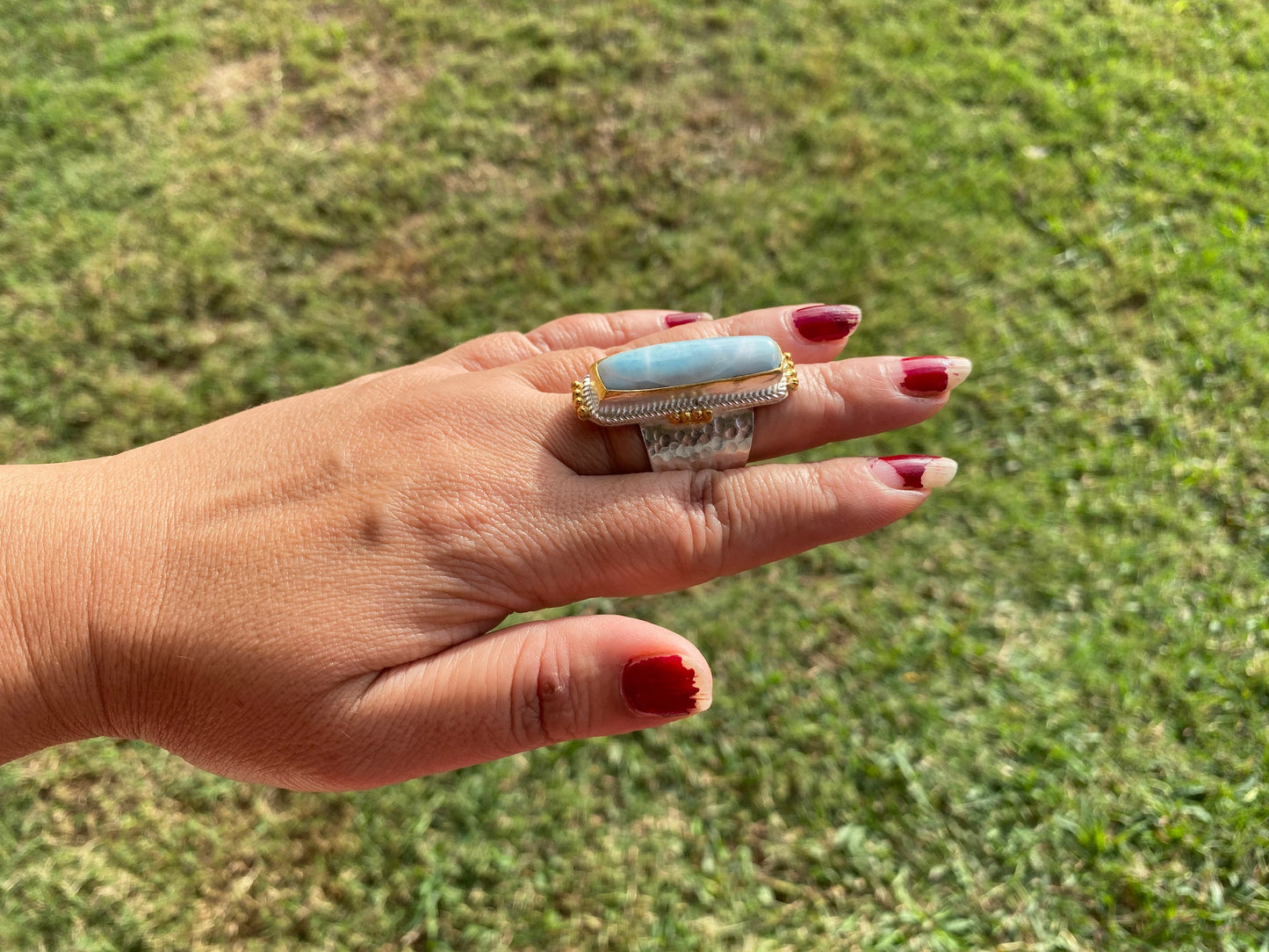 Two Tone Big Adjustable Larimar Ring, Brushed Gold & Silver Overlay, Natural Gemstone Ring, Statement Ring, Bridesmaid Gift, Hammered Ring