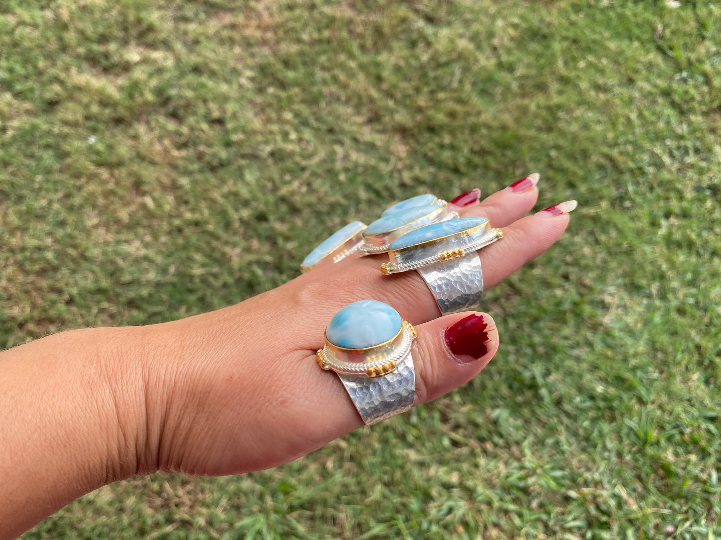 Two Tone Big Adjustable Larimar Ring, Brushed Gold & Silver Overlay, Natural Gemstone Ring, Statement Ring, Bridesmaid Gift, Hammered Ring