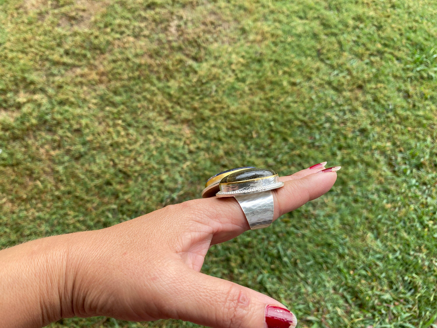 Two Tone Big Adjustable Tibetan Silver Ring, Natural Sodalite or Labradorite Stone, Brushed Gold with Silver Overlay Ring, Statement Ring