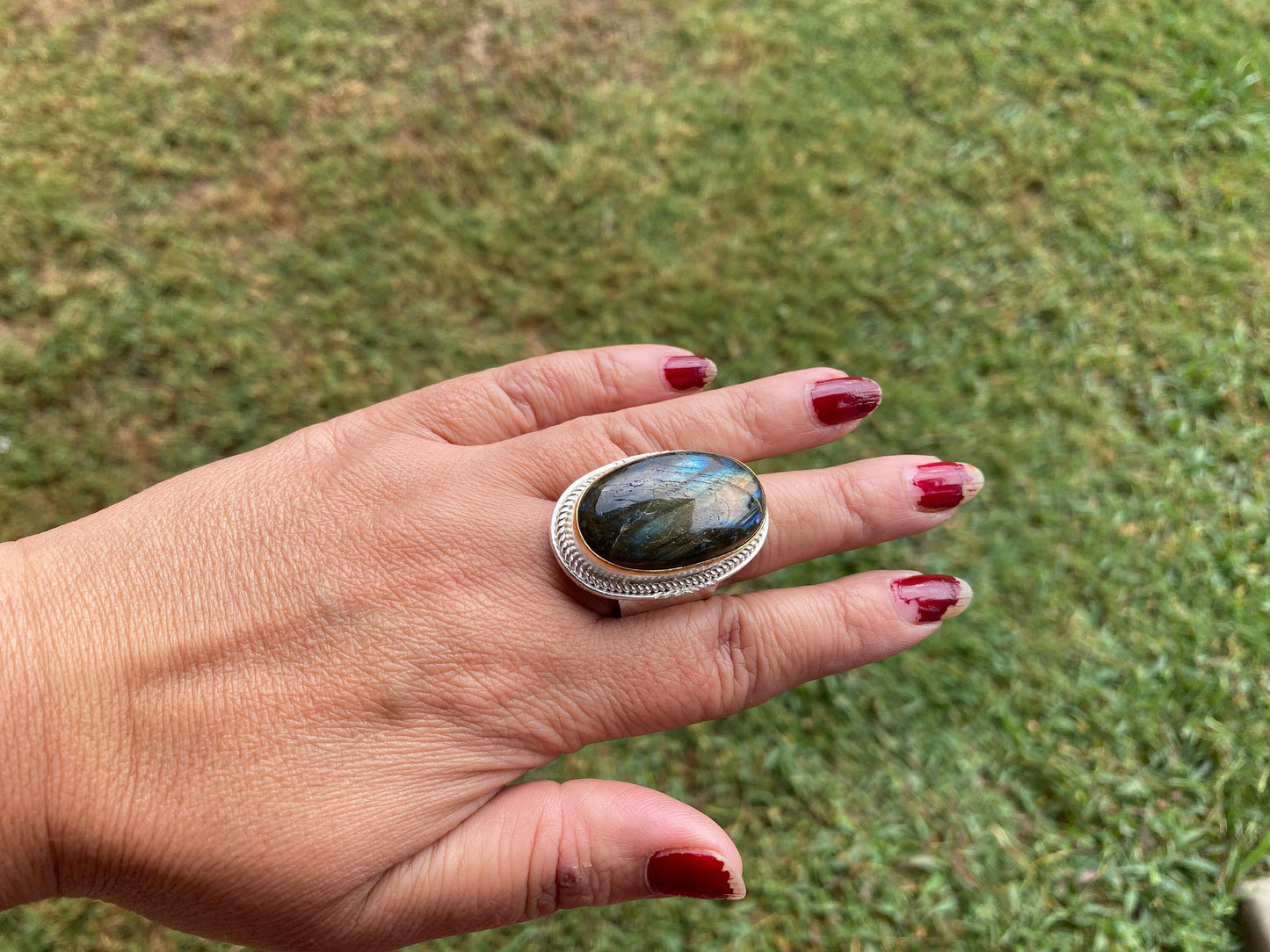 Two Tone Big Adjustable Tibetan Silver Ring, Natural Sodalite or Labradorite Stone, Brushed Gold with Silver Overlay Ring, Statement Ring