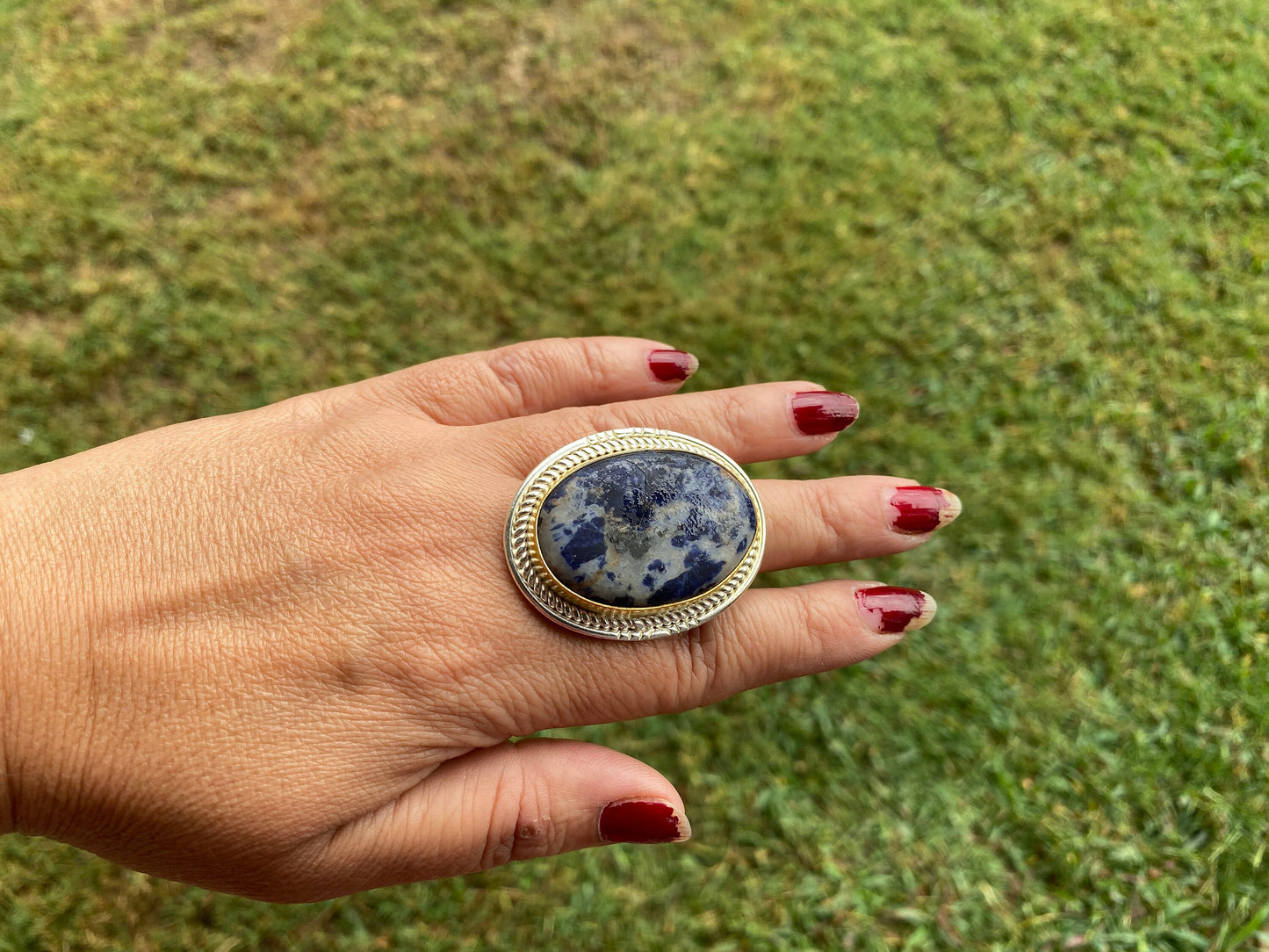 Two Tone Big Adjustable Tibetan Silver Ring, Natural Sodalite or Labradorite Stone, Brushed Gold with Silver Overlay Ring, Statement Ring