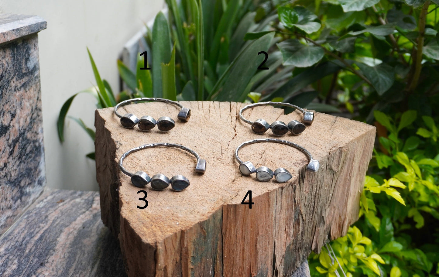 Two Tone Custom Fit Adjustable Gemstone Bangle | Antique Silver Look Hammered Cuff Bracelet, Unique Oxidized Silver Jewelry, Handmade Gifts