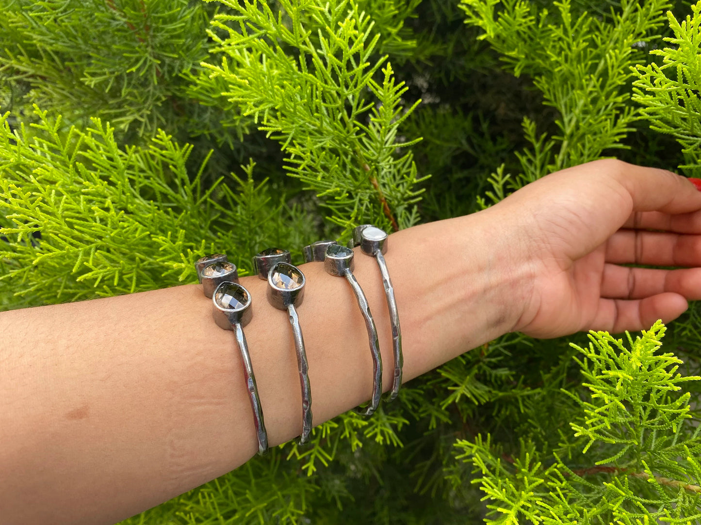 Two Tone Custom Fit Adjustable Gemstone Bangle | Antique Silver Look Hammered Cuff Bracelet, Unique Oxidized Silver Jewelry, Handmade Gifts