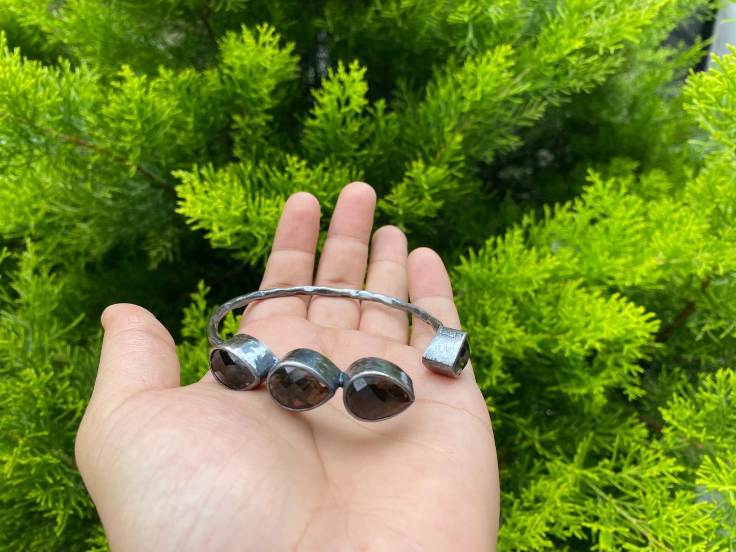 Two Tone Custom Fit Adjustable Gemstone Bangle | Antique Silver Look Hammered Cuff Bracelet, Unique Oxidized Silver Jewelry, Handmade Gifts
