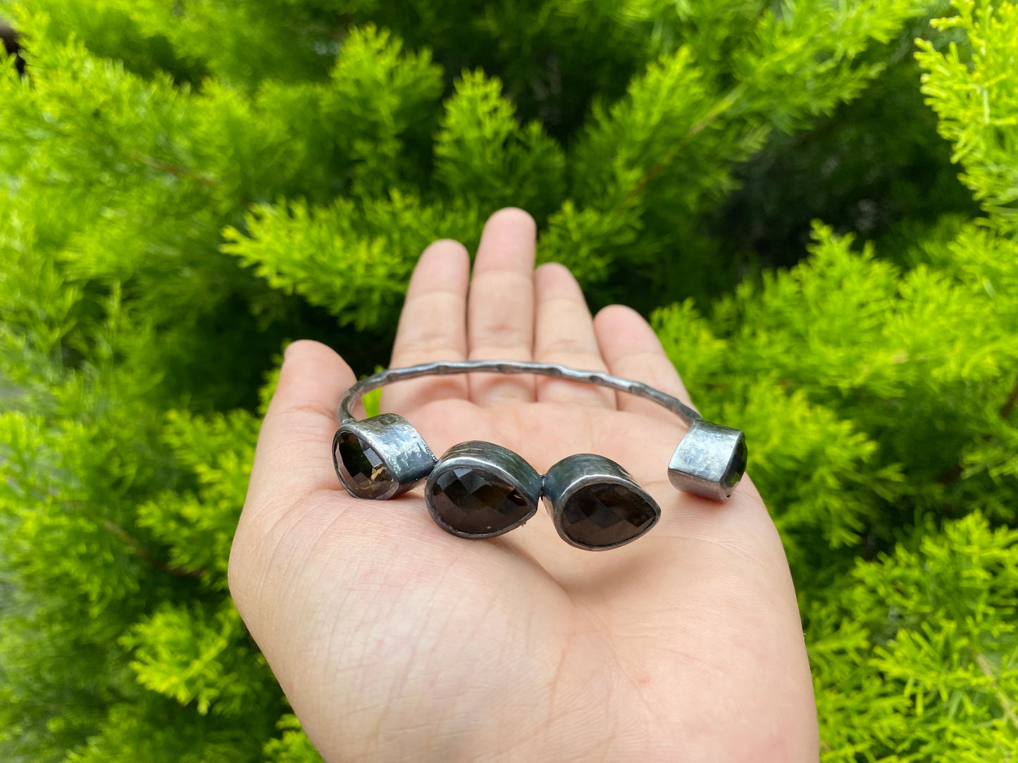Two Tone Custom Fit Adjustable Gemstone Bangle | Antique Silver Look Hammered Cuff Bracelet, Unique Oxidized Silver Jewelry, Handmade Gifts